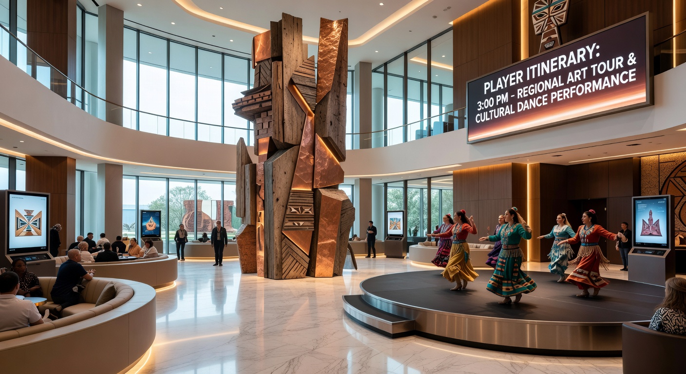 Casino resort interior featuring integrated regional art installations along player pathways