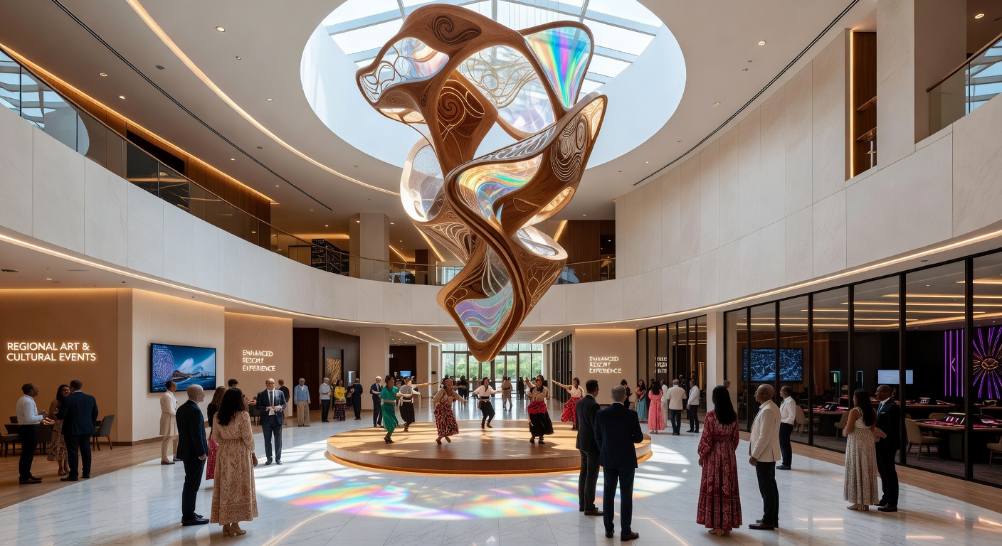 Cultural event space integrated into casino resort layout with visitors exploring regional exhibits