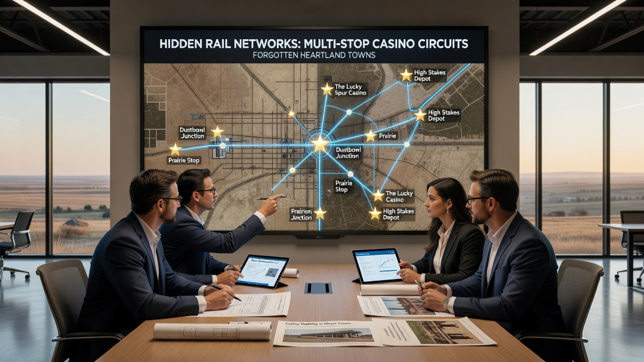 Interior view of a modern Amtrak passenger car with travelers reviewing route maps near a window overlooking rural casino town scenery