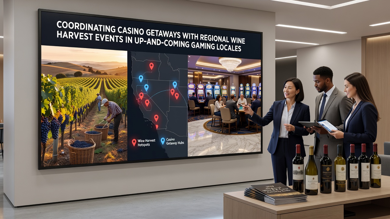 Interior view of a casino floor with promotional signage for wine harvest events and guests participating in paired activities