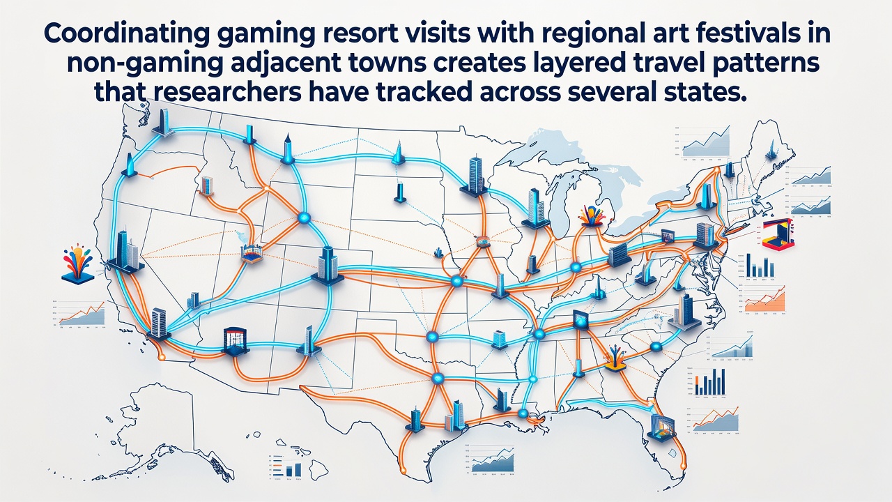 Travelers exploring an art festival near a gaming resort destination