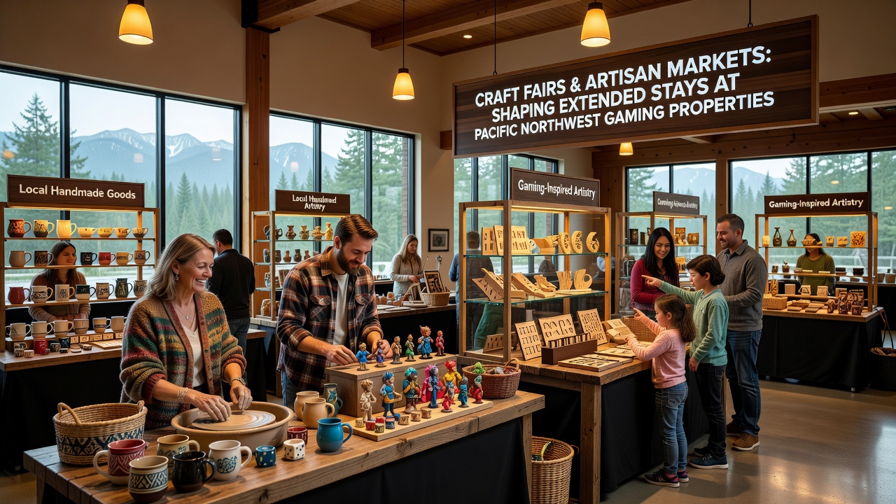 Artisan market stalls set up near a Pacific Northwest casino resort with visitors browsing handmade goods