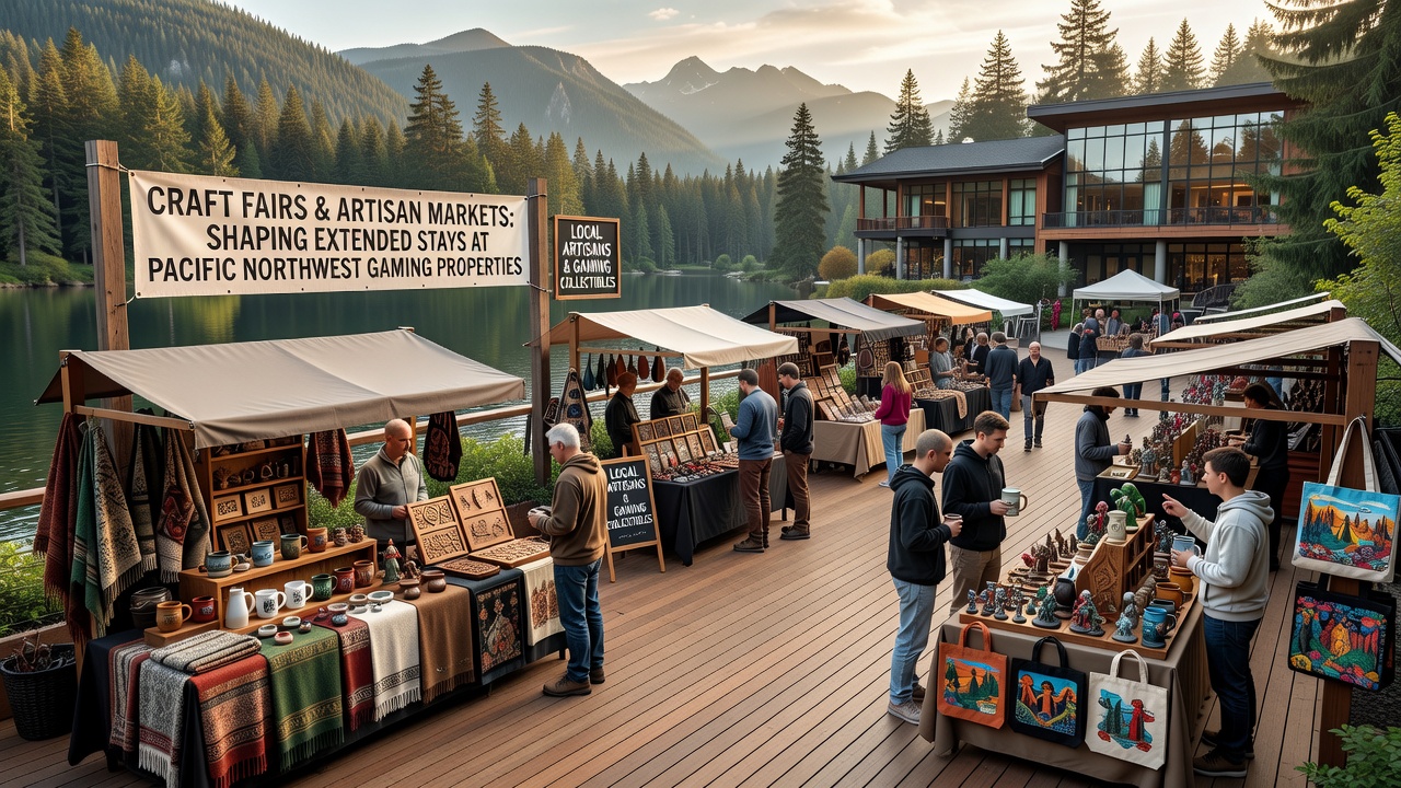 Visitors at an outdoor craft fair with casino resort visible in the background during summer season