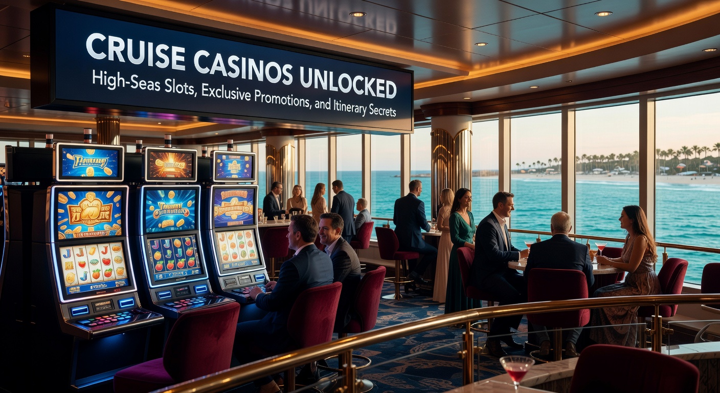 Vibrant cruise ship casino floor filled with colorful slot machines and excited players under sparkling lights