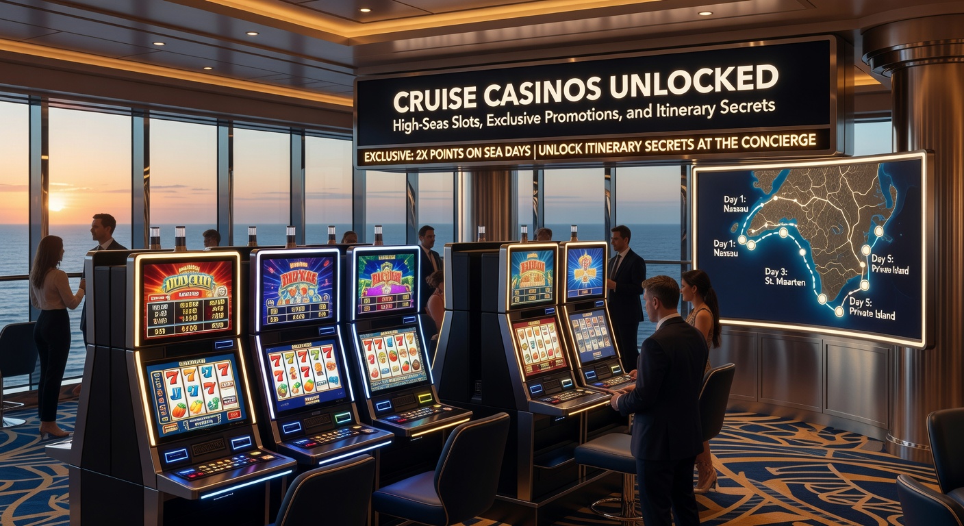 Cruise passengers enjoying a slot tournament promotion in a lively onboard casino lounge