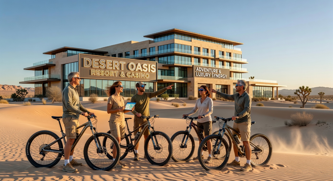 Desert resort with hikers exploring nearby canyon trails under clear skies
