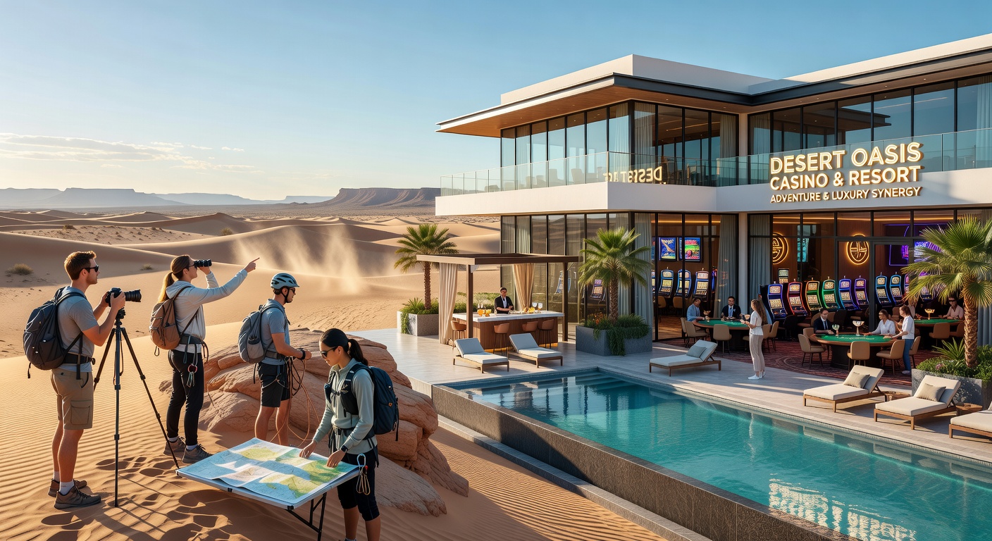 Casino resort pool area overlooking expansive desert hiking routes at dusk