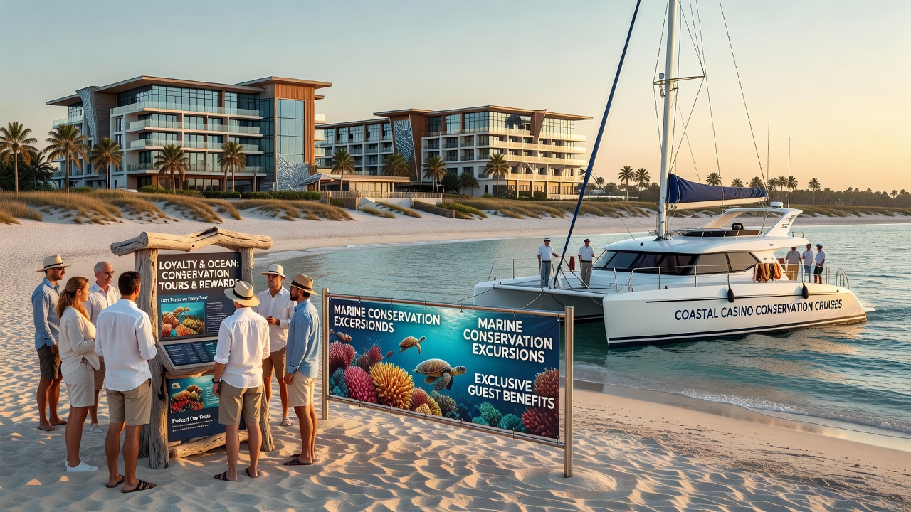 Coastal casino resort featuring marine conservation tour vessels and beachside loyalty program signage