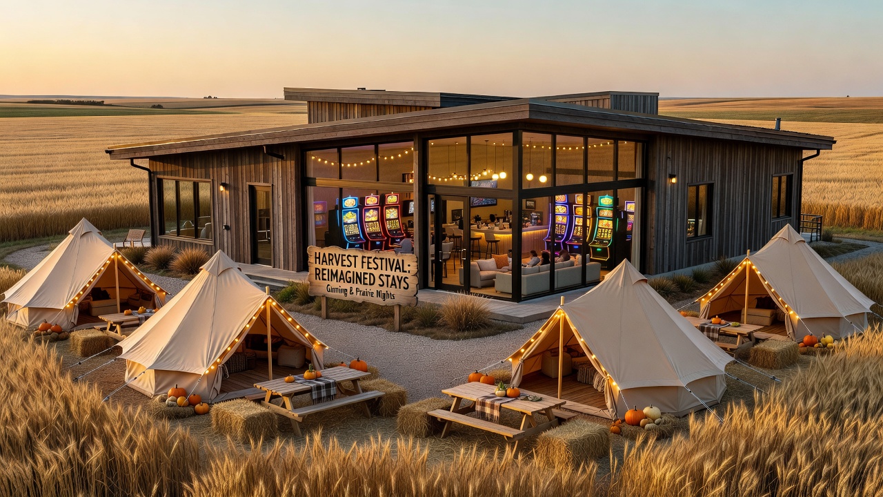Prairie gaming lodge exterior during autumn harvest festival with corn stalks and guests arriving