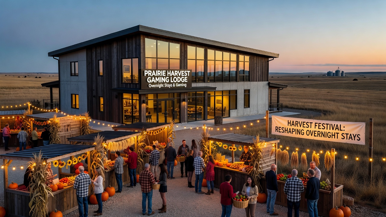 Interior view of prairie gaming lodge lounge with harvest decorations and guests at slot machines