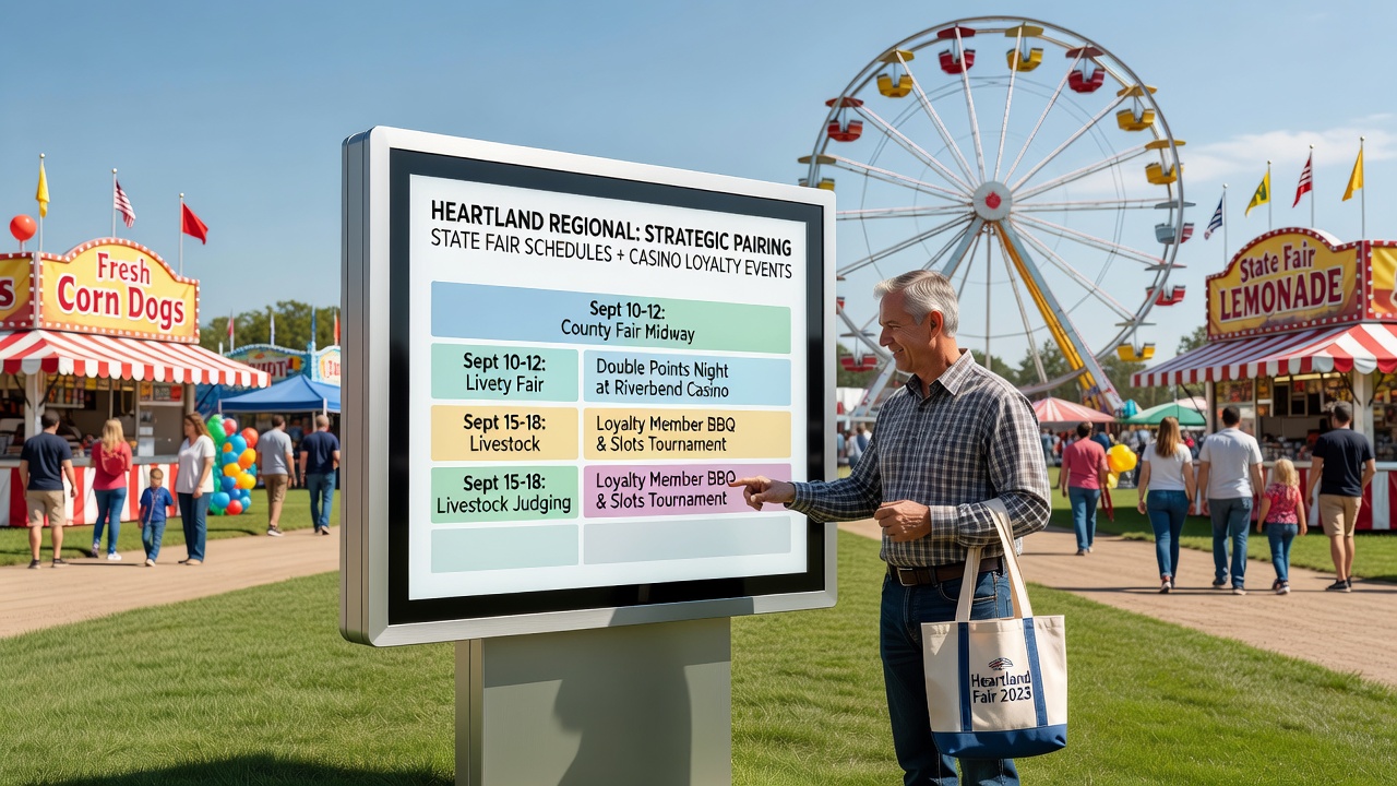 Visitors at a Midwest casino loyalty event checking rewards while state fair banners appear in the background