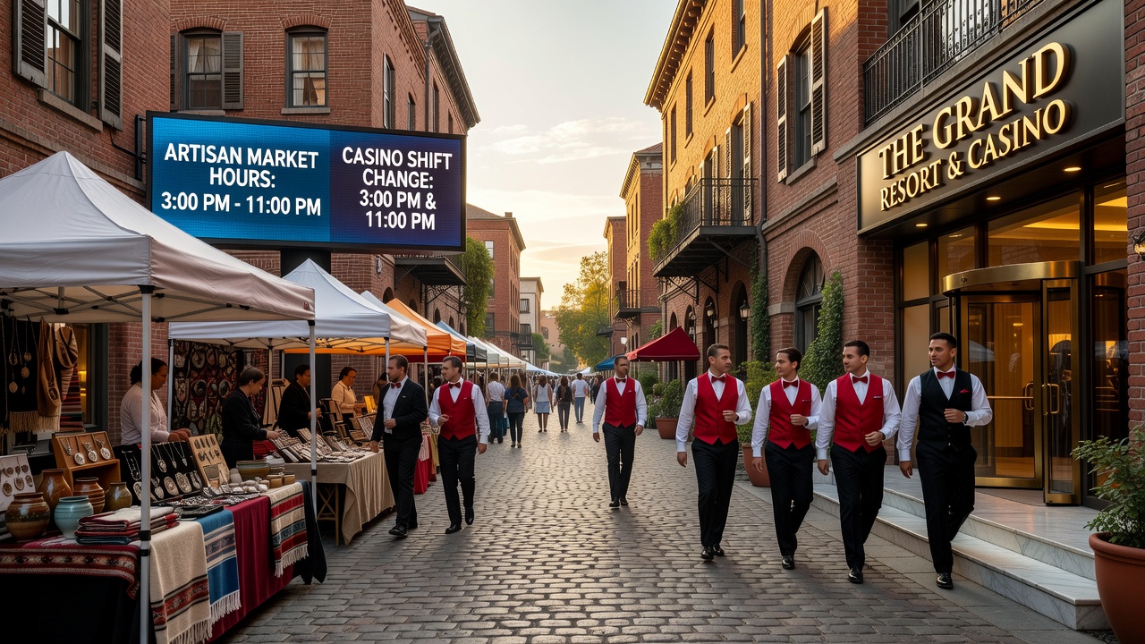Artisan market stalls set up along a historic resort corridor near casino entrances during early evening hours