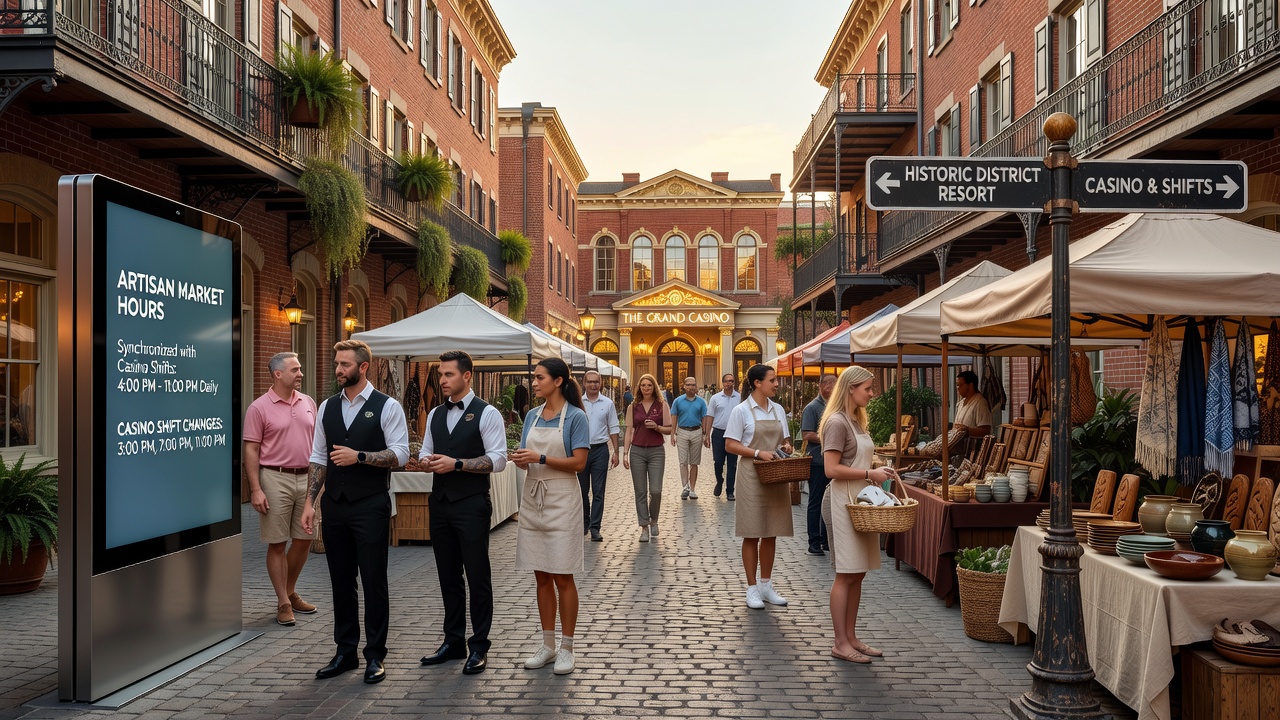 Casino workers walking past artisan stalls during an evening shift change in a historic district corridor
