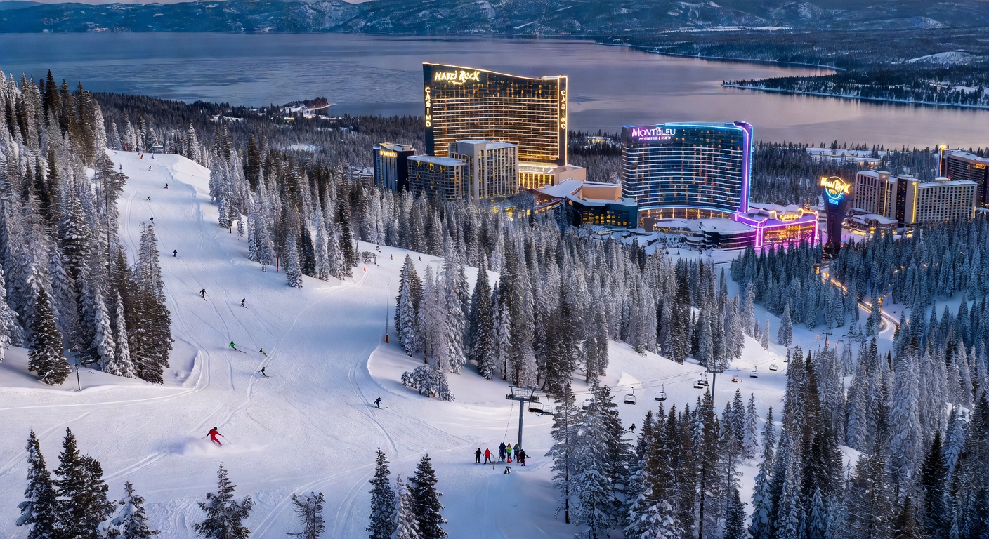 Panoramic view of Lake Tahoe's snowy peaks under clear blue skies, with casino resorts glowing along the Nevada shoreline at dusk