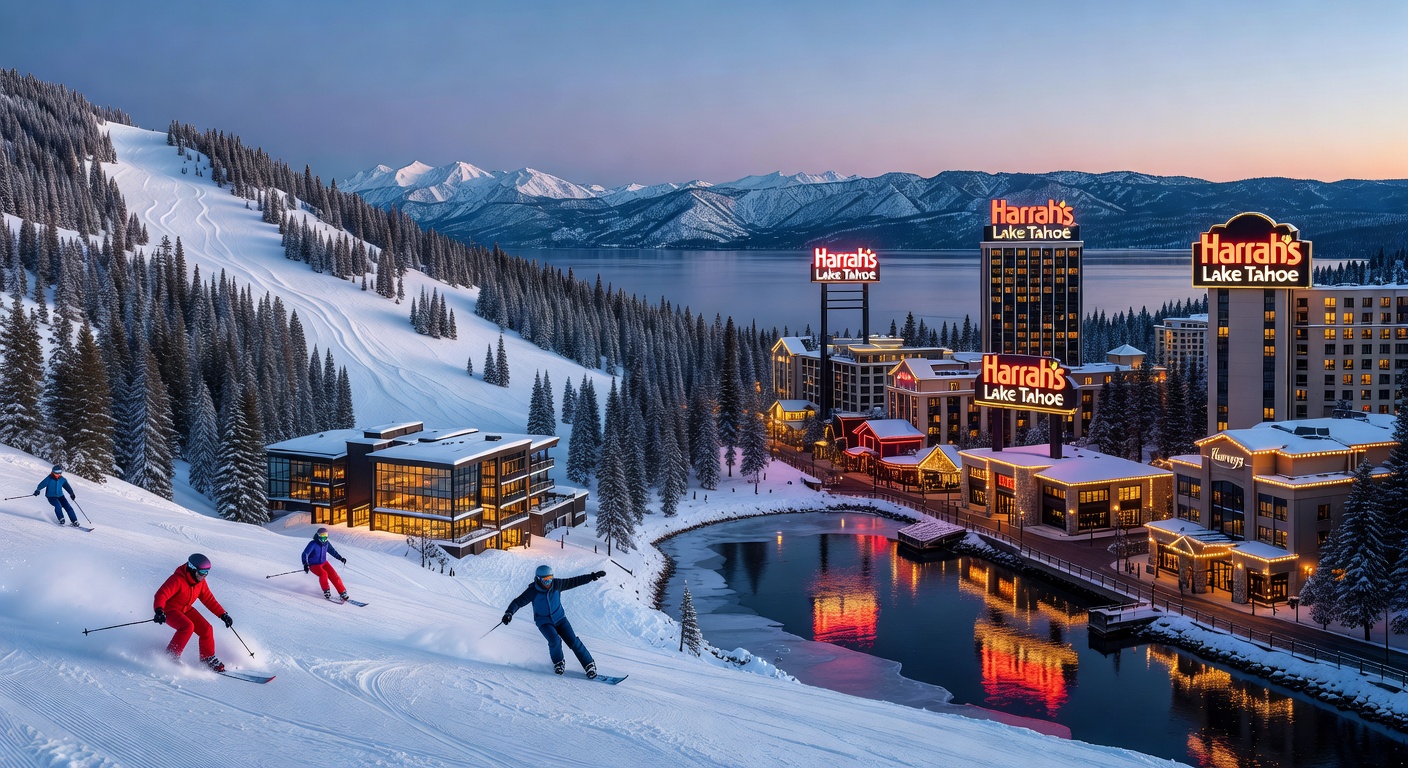 Gondola ascending Heavenly Mountain Resort with Lake Tahoe's deep blue waters below, casino buildings visible in the foreground