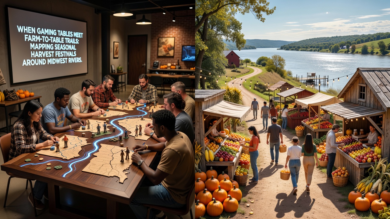 Farm-to-table harvest trail with tables of seasonal vegetables next to a Midwest riverbank and distant riverboat silhouette