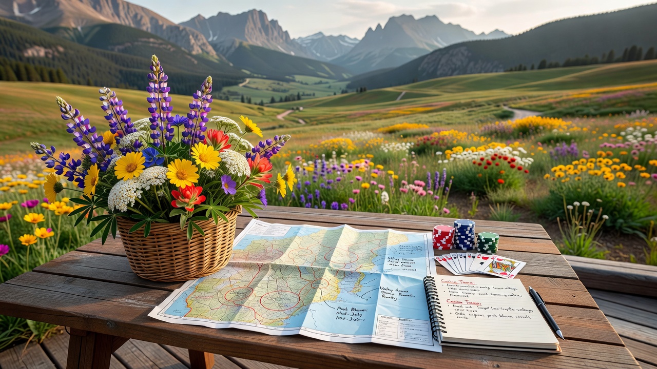 Scenic view of wildflower-filled valleys in the Rockies near casino destinations, with mountains and blooming fields in summer light